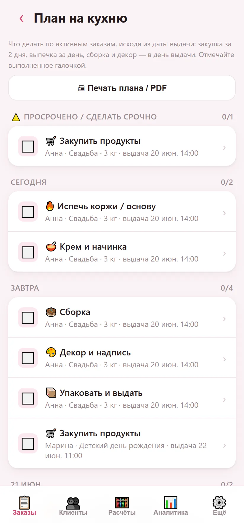Производственный план на кухню по дням